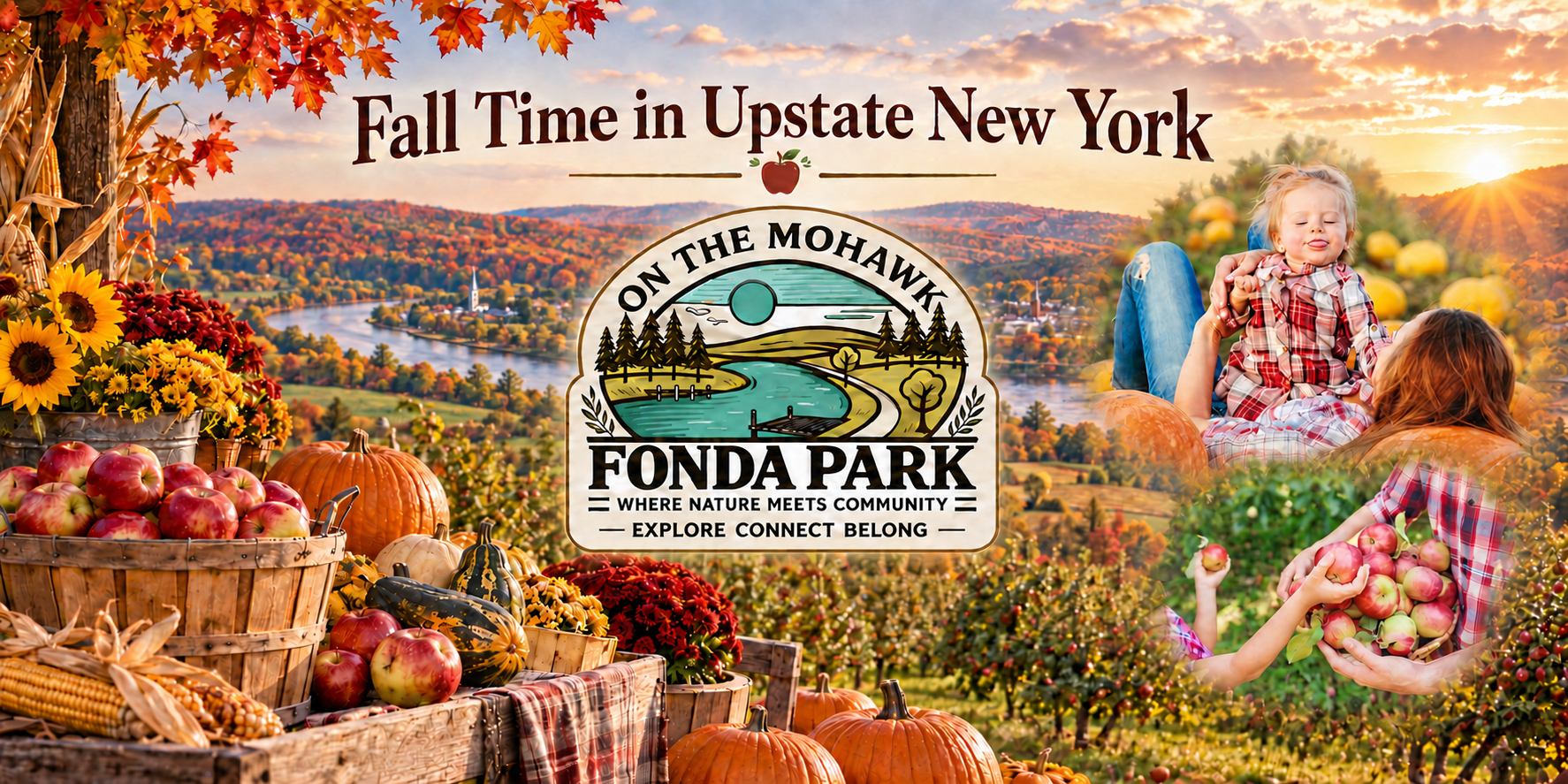 Fall harvest season in the Mohawk Valley near Fonda Park — apples, pumpkins, and autumn foliage