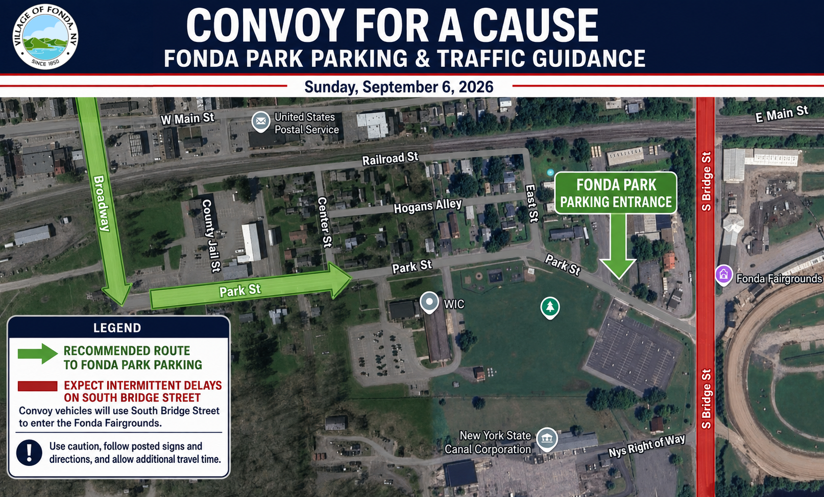 Convoy for a Cause Fonda Park parking and traffic guidance map for September 6, 2026