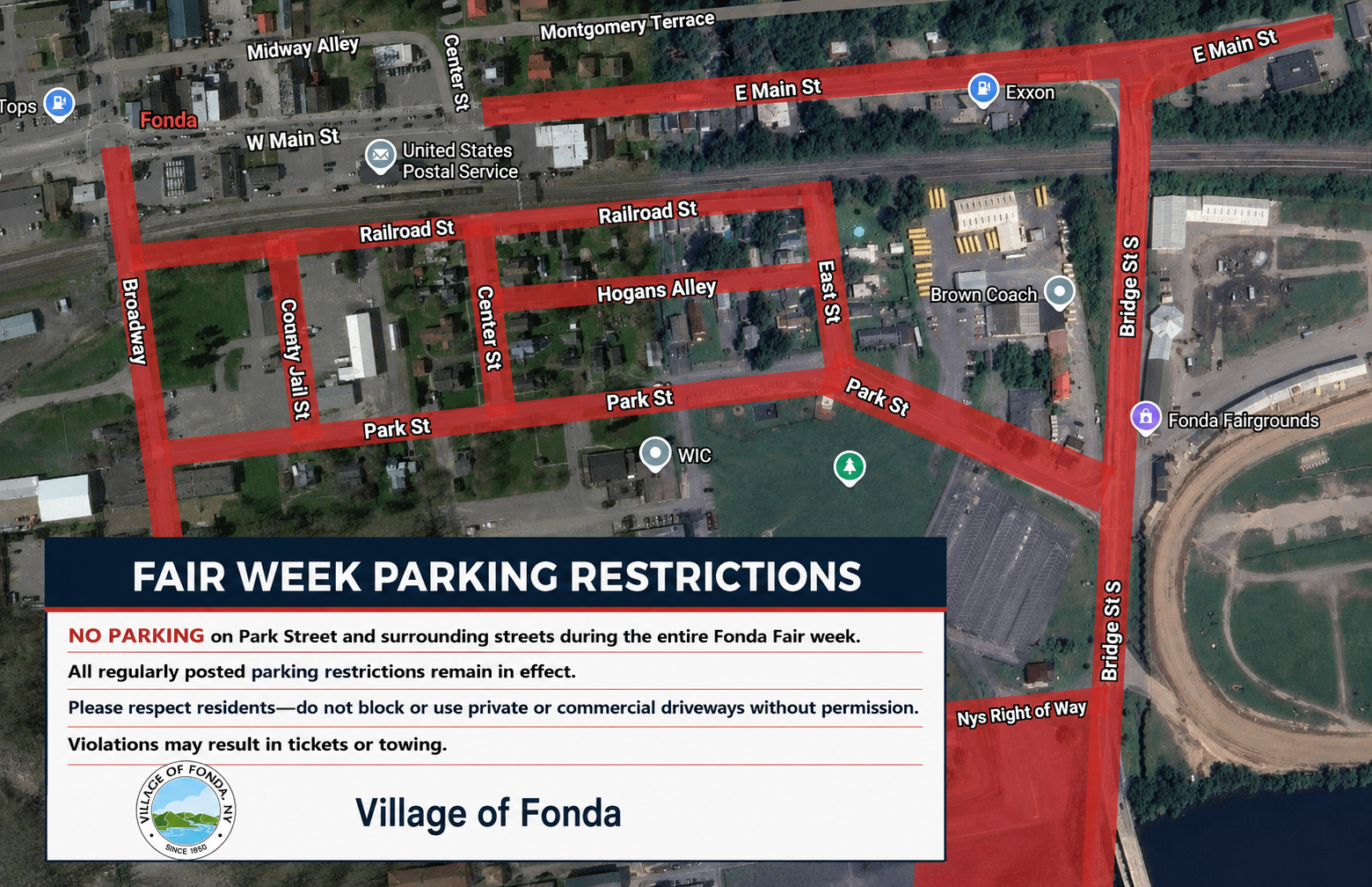 Fonda Fair Week parking restrictions map for the Village of Fonda
